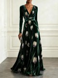 Women's Chic V Neck Printed Velvet Long Sleeve Slim Waist Evening Maxi Dress