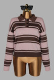Women's Streetwear Casual Colorblock Striped Turndown Collar Loose Long Sleeve Knit Sweater