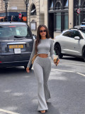 Fall Winter Women's Casual Ribbed Round Neck Cropped Top and High Waist Slim Fit Pants Set