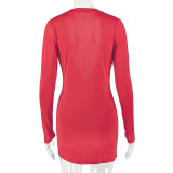 Women's Sexy Solid Color Deep V Neck Long Sleeve Drawstring Slim Fit Bodycon Mini Dress