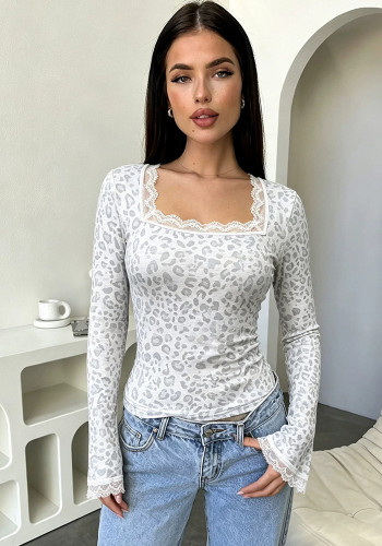 Women's Leopard Floral Print Square Neck Lace Trim Flared Long Sleeve Slim Fit High Stretch Top