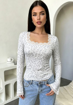 Women's Leopard Floral Print Square Neck Lace Trim Flared Long Sleeve Slim Fit High Stretch Top Women's Leopard Floral Print Square Neck Lace Trim Flared Long Sleeve Slim Fit High Stretch Top