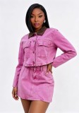 Women's Fashionable Colorblock Turn-Down Collar Button Pocket Long Sleeve Top and Cargo Mini Skirt Set