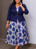 Plus Size Women's Fall Floral Blazer Chiffon Dress Two-Piece Set