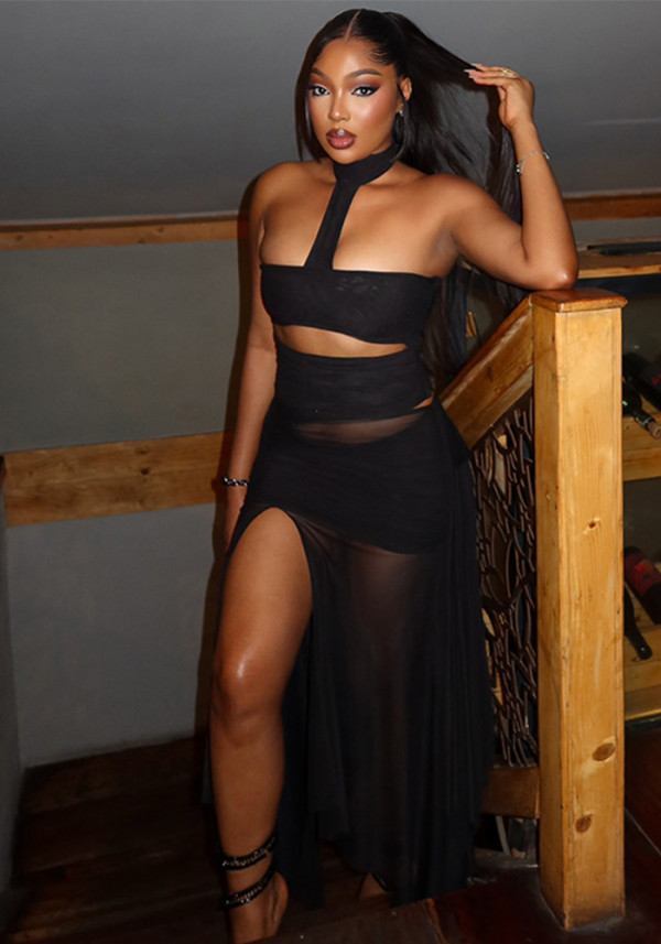 Women's Solid Color Low Back Strapless Mesh Bodycon Maxi Dress