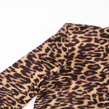 Fall Winter Women's Leopard Print Button Detail Patchwork Faux Fur Long Sleeve Slim Fit Top