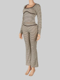 Women's Striped Two-Piece Set U Neck Low Cut Long Sleeve Slim Waist Top and Slim Fit Flared Pants