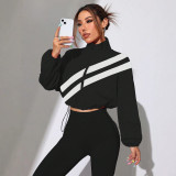 Fall Winter Women's Colorblock Diagonal Striped Stand Collar Cropped Sun Protection Jacket
