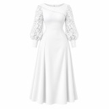 Plus Size Women's Lace Patchwork Long Sleeve Turn-Down Collar Slim Waist A-Line Midi Dress