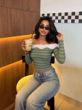 Fall Winter Women's Off Shoulder Lace Trim Striped Waffle Knit Slim Fit Cropped Basic Top