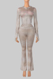 Women's Crocodile Print Slim Fit Hooded Top and High Waist Flared Pants Set