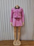 Women's Fashionable Colorblock Turn-Down Collar Button Pocket Long Sleeve Top and Cargo Mini Skirt Set