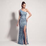 Sequin Beaded Floral One Shoulder Tassel Chain High Slit Mermaid Evening Gown