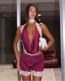 Women's Sexy Lace Trim Colorblock Cowl Neck Deep V Halter Neck Low Back Loose Casual Shorts Two-Piece Holiday Set
