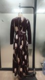 Women's Chic V Neck Printed Velvet Long Sleeve Slim Waist Evening Maxi Dress