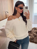 Fall Winter Women's Lace Patchwork Slash Shoulder Batwing Sleeves Loose Knit Sweater
