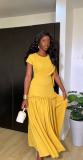Women's Chic Round Neck Short Sleeve Pleated Patchwork A-Line Maxi Dress