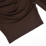 Fall Women's Chic Off Shoulder Ruched Patchwork Long Sleeve Cropped Top with Shawl