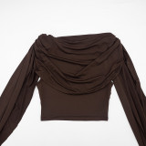 Fall Women's Chic Off Shoulder Ruched Patchwork Long Sleeve Cropped Top with Shawl