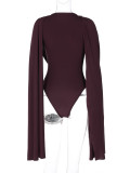 Spring Women's Solid Color Cowl Neck High Waist Bodysuit with Flowing Sash