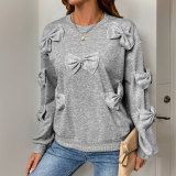 Fall Winter Women's Sweet Casual Gray Round Neck Top with Bow Patchwork Detail