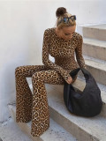 Women's Leopard Print Slim Fit Long Sleeve Low Back Jumpsuit