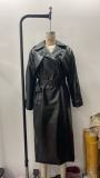 Spring Women's Long Textured Faux Leather Casual Trench Coat with Belt