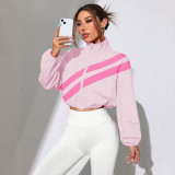 Fall Winter Women's Colorblock Diagonal Striped Stand Collar Cropped Sun Protection Jacket
