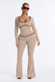 Women's Striped Two-Piece Set U Neck Low Cut Long Sleeve Slim Waist Top and Slim Fit Flared Pants