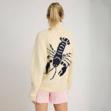 Winter Women's Casual Career Single-Breasted Long Sleeve Shrimp Print Knit Cardigan