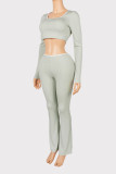 Women's Square Neck Long Sleeve Cropped Top and Flared Pants Ribbed Two-Piece Set