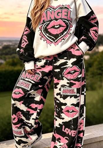 Women's Casual Loose Long Sleeve Top and Wide Leg Pants Two-Piece Set
