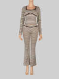 Women's Striped Two-Piece Set U Neck Low Cut Long Sleeve Slim Waist Top and Slim Fit Flared Pants