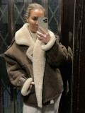 Women's Streetwear Turn-Down Collar Loose Suede Sherpa-Lined Jacket