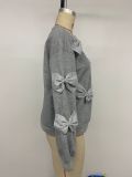 Fall Winter Women's Sweet Casual Gray Round Neck Top with Bow Patchwork Detail