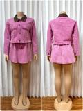 Women's Fashionable Colorblock Turn-Down Collar Button Pocket Long Sleeve Top and Cargo Mini Skirt Set