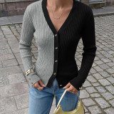 Fall Winter Women's Colorblock V Neck Long Sleeve Slim Fit Knit Cardigan