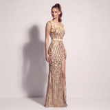 Sequin Beaded Floral One Shoulder Tassel Chain High Slit Mermaid Evening Gown