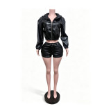 Women's Long Sleeve Hooded Leather Jacket and Stretch Shorts Set