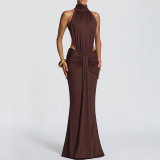 Fall Women's Chic Elegant Halter Neck Open Waist Bodycon Formal Party Maxi Dress