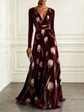Women's Chic V Neck Printed Velvet Long Sleeve Slim Waist Evening Maxi Dress
