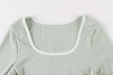 Women's Square Neck Long Sleeve Cropped Top and Flared Pants Ribbed Two-Piece Set