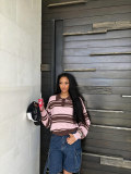 Women's Streetwear Casual Colorblock Striped Turndown Collar Loose Long Sleeve Knit Sweater