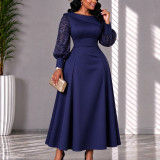 Plus Size Women's Lace Patchwork Long Sleeve Turn-Down Collar Slim Waist A-Line Midi Dress