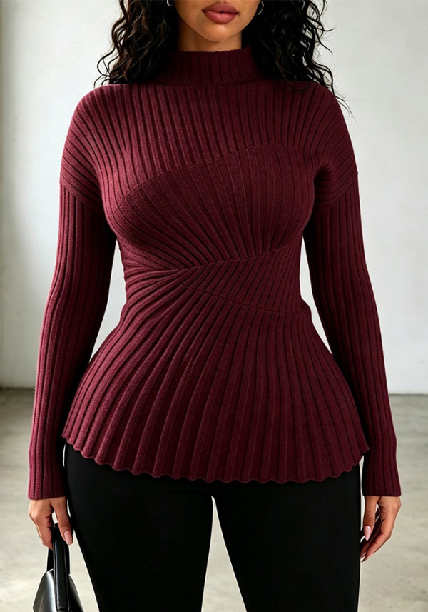 Fall Winter Women's Solid Color High Neck Slim Fit Long Sleeve Basic Knit Top