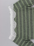 Fall Winter Women's Off Shoulder Lace Trim Striped Waffle Knit Slim Fit Cropped Basic Top