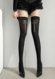Women's Sexy Black Rhinestone Cross Sheer Thigh-High Stockings One-Piece Design