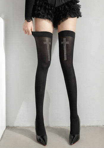 Women's Sexy Black Rhinestone Cross Sheer Thigh-High Stockings One-Piece Design