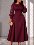 Plus Size Women's Lace Patchwork Long Sleeve Turn-Down Collar Slim Waist A-Line Midi Dress