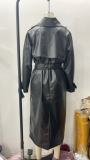 Spring Women's Long Textured Faux Leather Casual Trench Coat with Belt